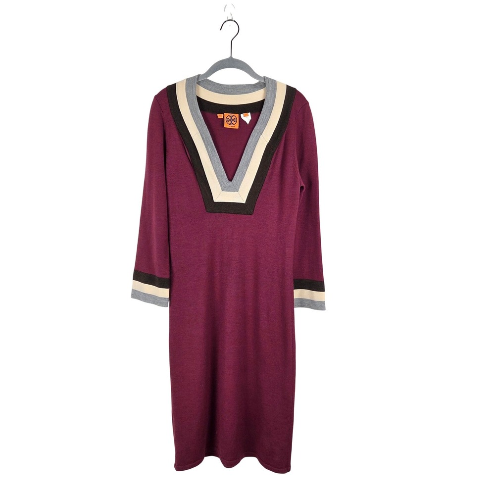Tory Burch Wool Knit Midi Dress Small Burgundy V-Neck Striped Trim Long Sleeve‎